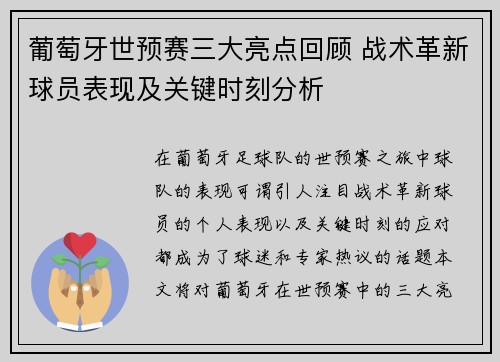 葡萄牙世预赛三大亮点回顾 战术革新球员表现及关键时刻分析